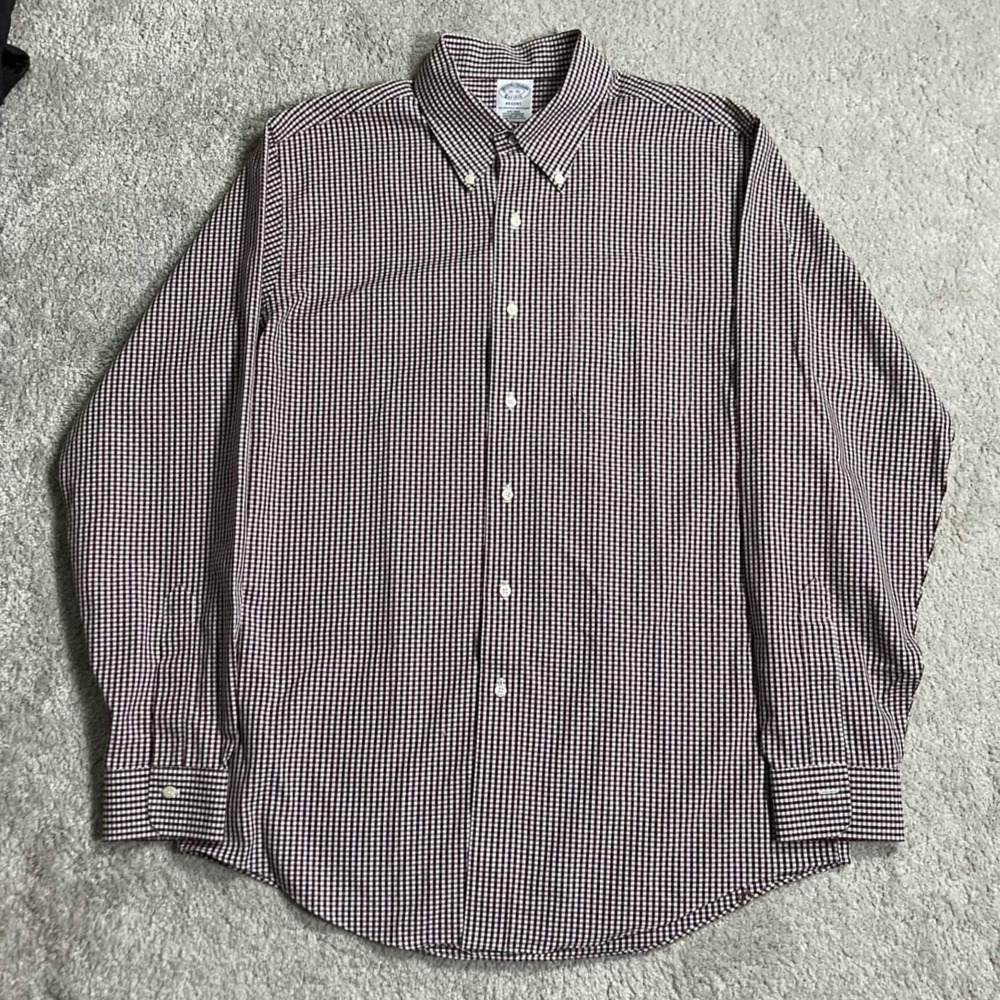 Brooks Brothers Regent Non-Iron Shirt Mens 16-35 Maroon Gingham Supima Cotton